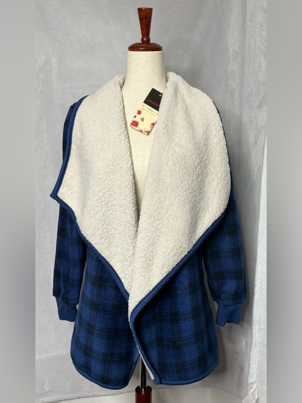 NWT Leehanton Blue Plaid Sherpa Lined Cardigan Jacket Medium